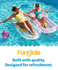 Top Tier 15 Foot Round Above Ground Pool Featuring Lightning Fast Snap Lock Assembly Durable Steel Supports And Smooth Inner Sleeve with two women relaxing on floaties.