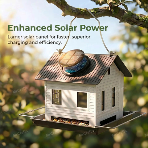 Solar Powered Hanging Metal Bird Feeder With Solar Lights Weatherproof Outdoor Lantern Dual Compartment Bird House Garden Decor For Yard Or Patio A Thoughtful Gift For Mom And Grandma showing enhanced solar panel on tree branch.
