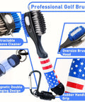 Magnetic Golf Club Cleaning Kit With American Flag Towels, featuring a dual pack groove brush and clip with microfiber towels.