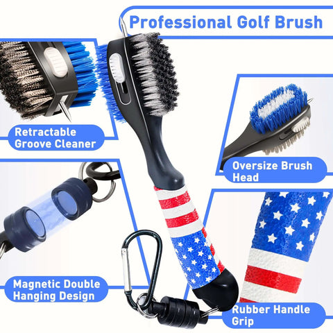 Magnetic Golf Club Cleaning Kit With American Flag Towels, featuring a dual pack groove brush and clip with microfiber towels.