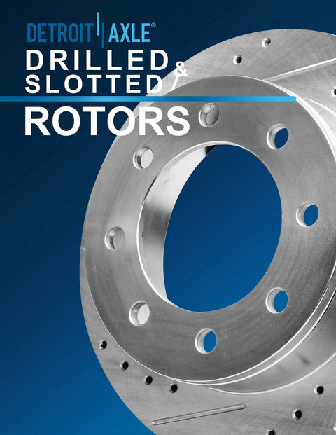 Close-up of drilled and slotted rotor, part of Beefed-Up Front Brake Kit For Ford F-250 Super Duty 2012-2022 And F-350 Super Duty 2013-2022
