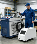 Portable Handheld Welder Machine Featuring Slick Digital Control Panel in workshop with operator using welding gun.