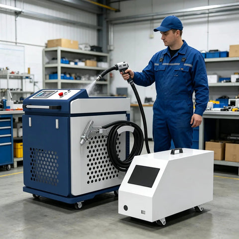 Portable Handheld Welder Machine Featuring Slick Digital Control Panel in workshop with operator using welding gun.