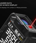 Close-up of 164ft Laser Distance Meter with Digital OLED display and red laser, showing measurements on screen.