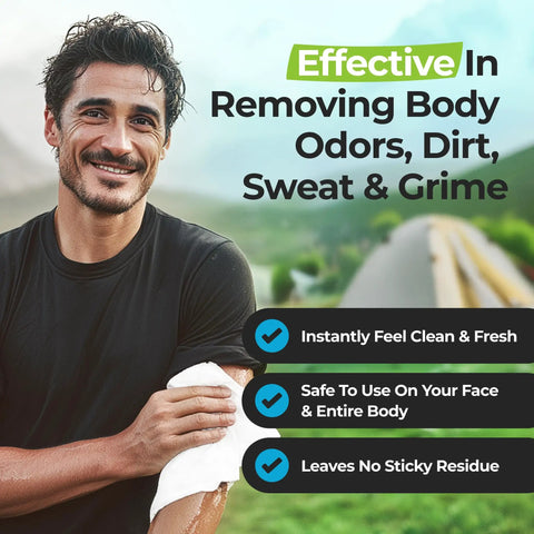 Smiling man on a trail using XL Camping Body Wipes No Rinse for Outdoors, Full Body Cleaning Wipes with Aloe, 100 Count