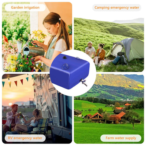 30 Gallon Water Storage Bladder Foldable Portable Tank With Three Quarter Inch Spigot And Hose Kit for camping and garden use.