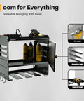 Power Tool Organizer With Charging Station And Cabinet Pro Grade Heavy Duty Metal Wall Mount Rack For Workshop 4 Drill Holders And 4 Outlet Power Strip Pegboard Ready Garage Storage Solution featuring a side view with tools.