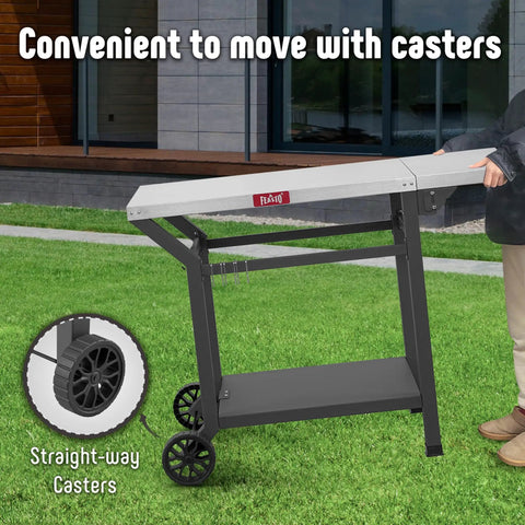 Movable Grill Table With Folding Side Table And Pizza Oven Prep Cart For Outdoor And Indoor Use, Stainless Steel 43 Inch Tabletop With Undershelf, Six Utensil Hooks, Gas Cylinder Hook, Easy Foldable Extension, Grey shown with wheels for easy mobility on grass