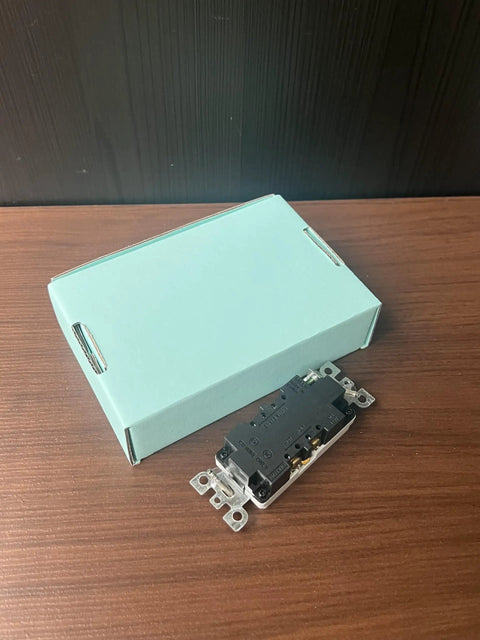 Top Shelf Modern Wall Socket With Two Openings Heavy Duty Electrical Receptacle Plug Rated For Twenty Amps Fits Standard Box next to a light blue packaging.