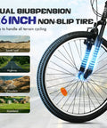 Close-up of front wheel of 7 Speed Mountain Bike 26 Inch Dual Suspension MTB For Men Women Adults, Black, on city trail.