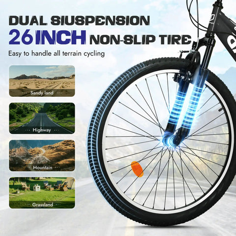 Close-up of front wheel of 7 Speed Mountain Bike 26 Inch Dual Suspension MTB For Men Women Adults, Black, on city trail.