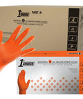 Front view of orange 6 mil disposable nitrile gloves with raised diamond grip; 1st Choice industrial packaging