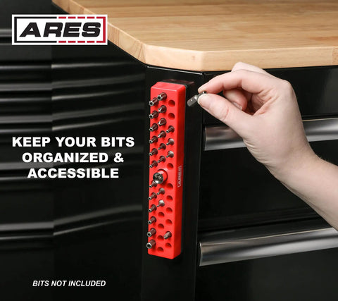 34 Piece Tool Accessory Set With Socket Adapters, Universal Joints, Bit Holders And Bits, Magnetic Organizer mounted on a cabinet