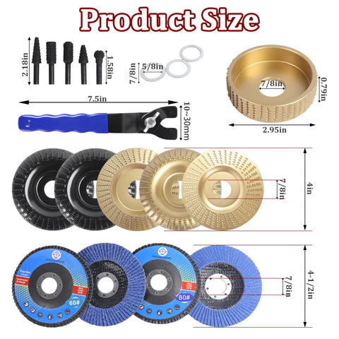 19 Piece Wood Carving Disc Set For Four And Four Point Five Inch Angle Grinders With Seven Eighths Inch To Five Eighths Inch Arbor Adapters