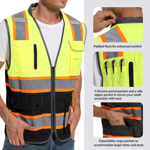 High Visibility Reflective Safety Vest For Men And Women With Dual Tone Yellow And Black Strips For Construction And Night Time Work Wear Large Size For All Day Comfort And Durable Breathable Fit with pockets