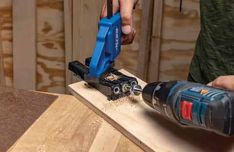 Using Pocket Hole Jig Micro For Thin Stock And Cabinets For Thirty Three Percent Smaller Micro Pocket Holes In One Half And Three Quarter Thick Materials drill