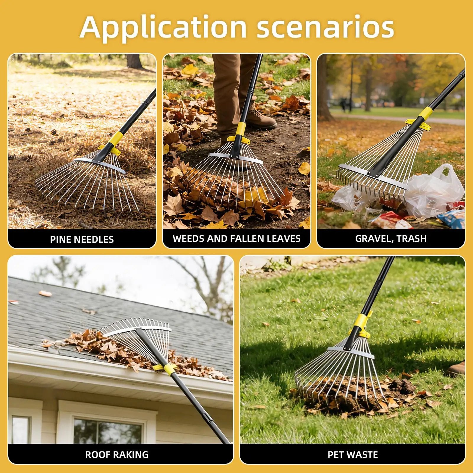 Adjustable Metal Leaf Rake, Rustproof Steel Head ✓