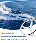 3 Spoke Stainless Steel Boat Steering Wheel With Turning Knob 13.5 Inch Diameter Marine Helm Wheel next to a speeding yacht
