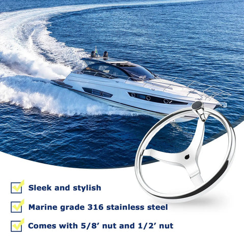 3 Spoke Stainless Steel Boat Steering Wheel With Turning Knob 13.5 Inch Diameter Marine Helm Wheel next to a speeding yacht