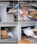 Four images of Secure Outdoor Parcel Drop Box With Lock For No Contact Front Porch Deliveries Weather Resistant 33 Gallon Package Storage For Secure Easy Retrieval By Owner Made In USA showing hands placing parcels, ample interior space, and weather-resistant exterior.