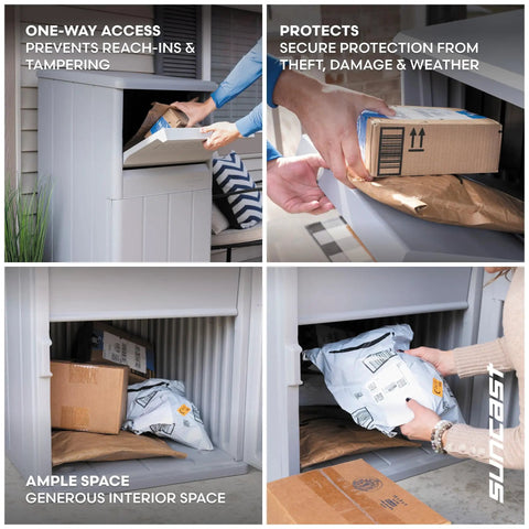 Four images of Secure Outdoor Parcel Drop Box With Lock For No Contact Front Porch Deliveries Weather Resistant 33 Gallon Package Storage For Secure Easy Retrieval By Owner Made In USA showing hands placing parcels, ample interior space, and weather-resistant exterior.
