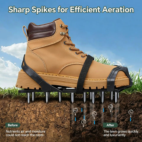 Flexible Lawn Aerator Shoes With Adjustable Straps And Durable Spikes, boot with spikes penetrating soil for aeration
