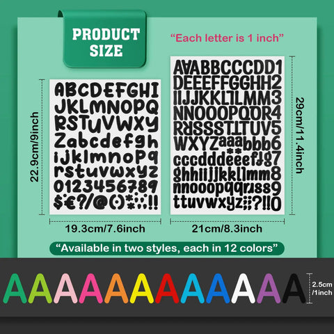 Alphabet And Number Sticker Set 24 Sheets Waterproof Vinyl Decals With 2316 Pieces showcasing alphabet sizes and colors