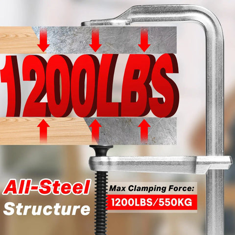 Beefy 12 Inch Heavy Duty Bar Clamps Set Four Pack Drop Forged Steel F Clamps with 1200 Pound Load, showing all-steel structure
