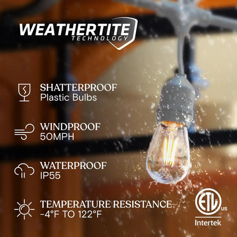 Close-up of shatterproof and waterproof 2W Edison bulb on waterproof outdoor string lights 48 ft with 15 dimmable vintage Edison LED bulbs.
