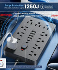 Heavy Duty Flat Plug Surge Protector Power Strip Featuring 11 Wide Spread AC Outlets And 6 Fast Charge USB Ports with power switch.