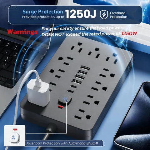 Heavy Duty Flat Plug Surge Protector Power Strip Featuring 11 Wide Spread AC Outlets And 6 Fast Charge USB Ports with power switch.