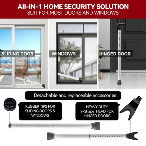 White AceMining adjustable door security bar; 1-pack; rubber tips; for sliding doors, windows, and hinged doors.