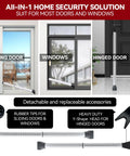 All-in-one security bar for sliding doors, windows, and hinged doors with rubber tips and Y-shape head, adjustable length.