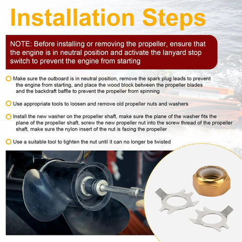 Installation steps for Prop Nut And Lock Tab Washer Kit For Outboard Motors 30 Hp To 60 Hp Replacement 18-3702