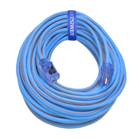 Heavy Duty Extension Cord 100 Ft Blue Orange SJEOW 14/3 With Lighted Locking Plug, Flame Retardant TPE Rubber coiled on white background