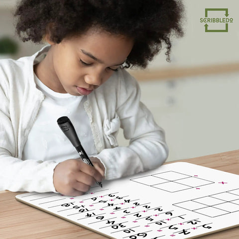 Child writing on 11 By 14 Dry Erase Multiplication Chart Whiteboard, Double Sided Multiplication Table For Homeschool