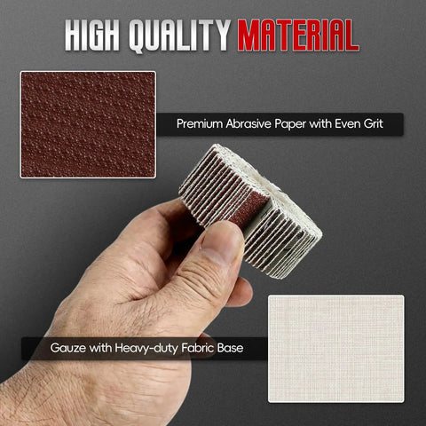 Hand holding 20 Pcs Flap Wheel Set For Drill And Die Grinder With Six Sizes and 60 80 120 240 Grit One Quarter Inch Shank Abrasive