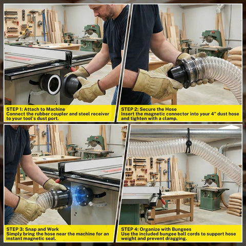 4-inch magnetic dust collection kit with rubber hose couplers installed on a table saw in a woodworking shop.