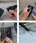 All In One Electronics Repair Kit With 16 Precision Bits And Magnetic Screwdriver in use for phone repair, pry tools visible.