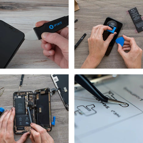 All In One Electronics Repair Kit With 16 Precision Bits And Magnetic Screwdriver in use for phone repair, pry tools visible.