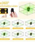 Straight Shooter Self Leveling Green Laser Level, 4X360 Layout Tool With Remote, showing switchable lines for leveling.