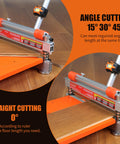 Heavy Duty 13 Inch Vinyl Floor Cutter With Wheels Built Tough For No Sweat Trimming Of LVP LVT VCT SPC WPC Engineered Wood Laminate Cutting in action, showing angle and straight cut options.