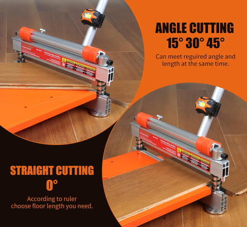 Heavy Duty 13 Inch Vinyl Floor Cutter With Wheels Built Tough For No Sweat Trimming Of LVP LVT VCT SPC WPC Engineered Wood Laminate Cutting in action, showing angle and straight cut options.
