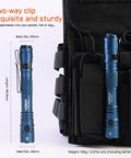 TAC 2AA EDC Tactical Dual Modes Flashlight With Dual Switches, 1400 High Lumen Portable LED Light in blue next to backpack
