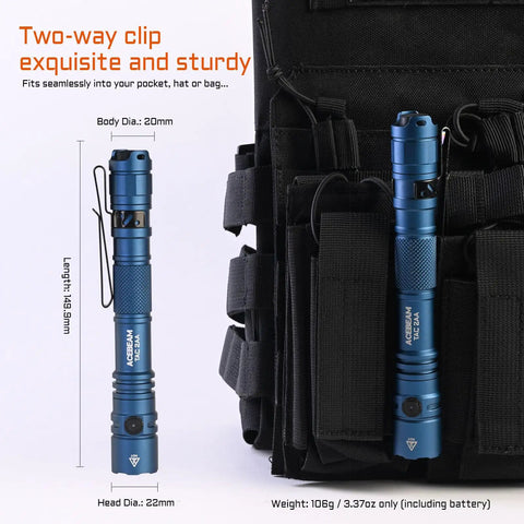 TAC 2AA EDC Tactical Dual Modes Flashlight With Dual Switches, 1400 High Lumen Portable LED Light in blue next to backpack