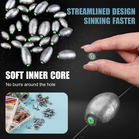 Hand holding oval sinker from 140 Piece Egg Sinkers Fishing Kit With Removable Oval Sinkers For Drop Bass Worm Tackle Casting Saltwater And Freshwater Use Your Go-To All In One Sinker Set