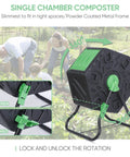 Single chamber composter bin with powder coated metal frame, lock and unlock rotation feature, in a garden setting with people.