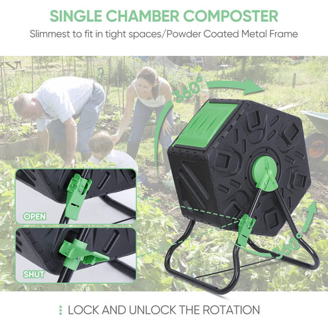 Single chamber composter bin with powder coated metal frame, lock and unlock rotation feature, in a garden setting with people.