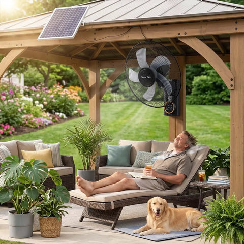 Man relaxing under gazebo cooled by 16 Inch Outdoor Solar Powered Wall Mount Fan For Patio And Garage, dog lying nearby
