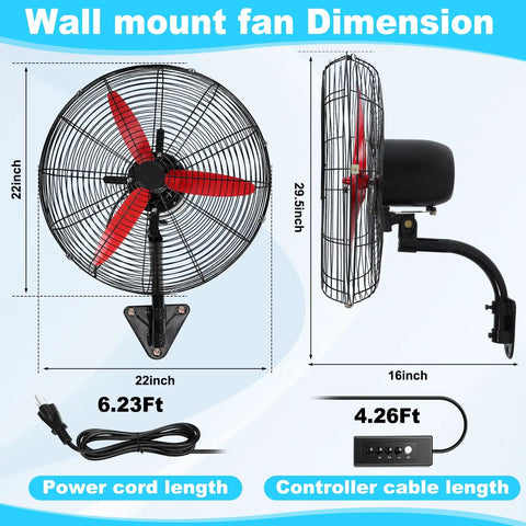 Heavy Duty 22 Inch Wall Mount Oscillating Fan With Rock Solid Three Speed Controls And Badass 7500 CFM Cooling Power Featuring Glossy Red Aluminum Blades dimensions and measurements